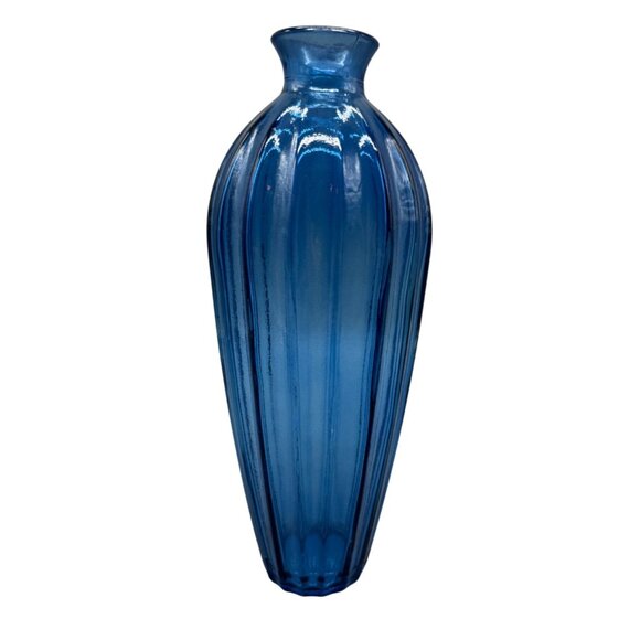 Blue Ribbed Glass Vase cobalt clear solid blue 11x1.5" - Picture 1 of 3